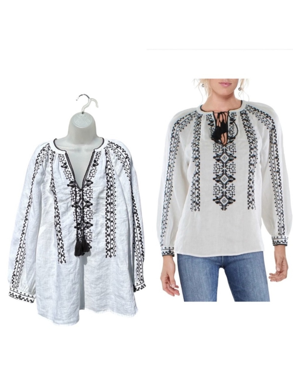 LAUREN RALPH LAUREN LRL Women 1X White Black Embroidered Puff Sleeve Top Blouse.